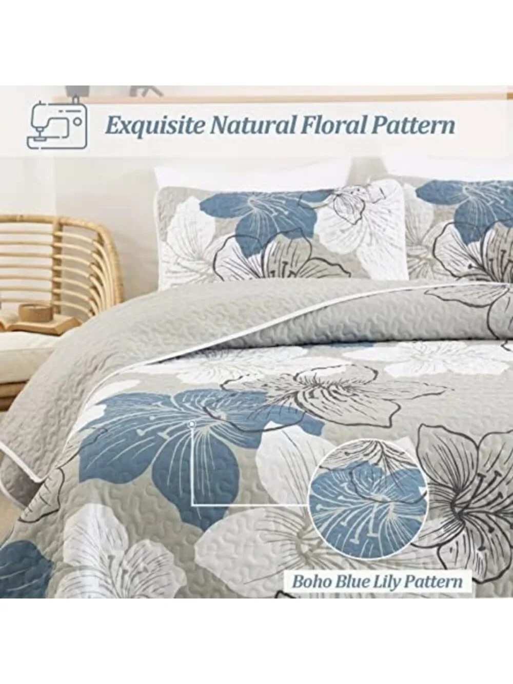 California King Size 3-Piece Blue Floral Quilt Bedding Set - Cozy & Stylish
